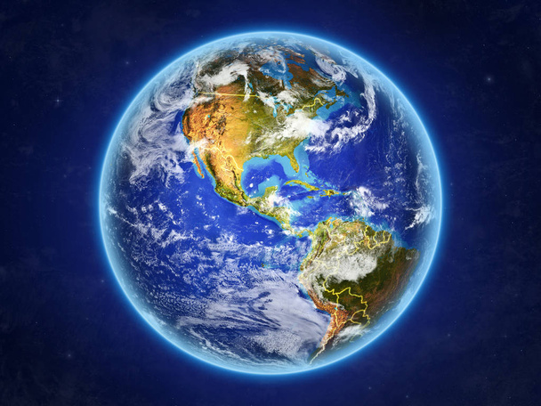 Belice desde el espacio. Planeta Tierra con fronteras nacionales y extremadamente alto detalle de la superficie del planeta y las nubes. Ilustración 3D. Elementos de esta imagen proporcionados por la NASA
. - Foto, Imagen