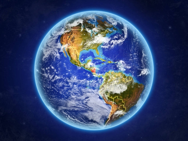 Nicaragua vanuit de ruimte. Planeet aarde met landsgrenzen en extreem hoge detail met het oppervlak van de planeet en wolken. 3D illustratie. Elementen van dit beeld ingericht door Nasa. - Foto, afbeelding