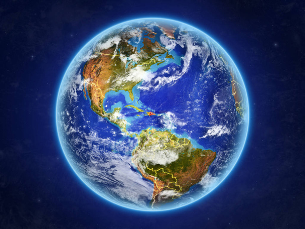 República Dominicana desde el espacio. Planeta Tierra con fronteras nacionales y extremadamente alto detalle de la superficie del planeta y las nubes. Ilustración 3D. Elementos de esta imagen proporcionados por la NASA
. - Foto, Imagen