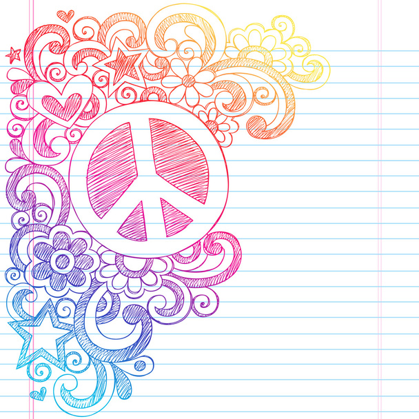 Peace Sign vázlatos Doodles vektoros ábra Shooting Stars, a szívvel és a virágok - Vektor, kép