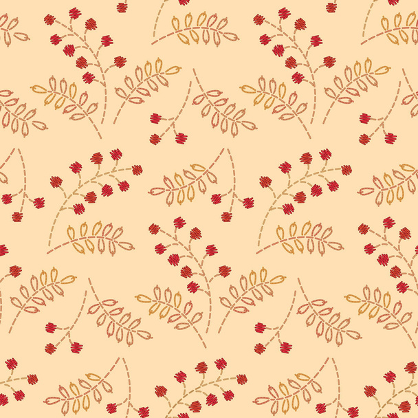 Red embroidered berries on a beige background. Seamless pattern for your design - ベクター画像