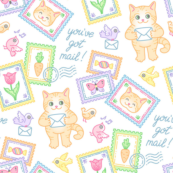 Cute cat, stamps, envelopes and birds. Seamless pattern at cartoon style for design and decoration of postal item - Vektor, obrázek