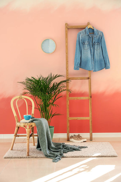 Interieur van kamer met houten stoel en tropische plant in de buurt van roze muur - Foto, afbeelding