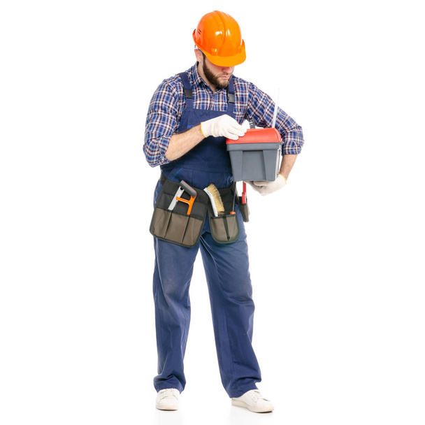 Young man builder with toolbox industry worker hardhat - Fotografie, Obrázek