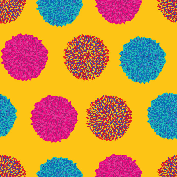Vector geometric pom pom repeating pattern in retro vintage vibrant colors on yellow, perfect for fabric - Vetor, Imagem