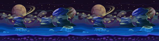 Fantasy seamless game landscape. Science Fiction theme illustration. Cold  blue planet landscape background, with layers for parallax.  - Photo, Image