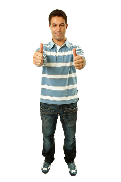 Молодой человек делает большие пальцы вверх на белом фоне
 - Фото, изображение