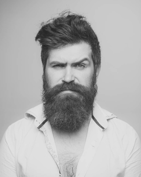 Barbershop or hairdresser concept. Man with long beard, mustache and stylish hair, light background. Macho on strict face, wears unbuttoned shirt. Guy with modern hairstyle visited hairdresser - 写真・画像