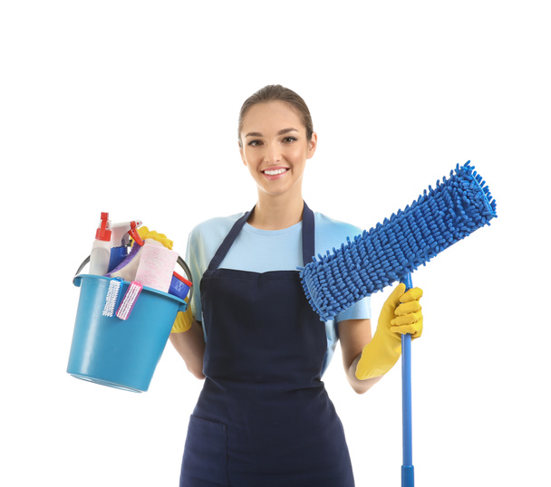 Woman with cleaning supplies on white background - 写真・画像