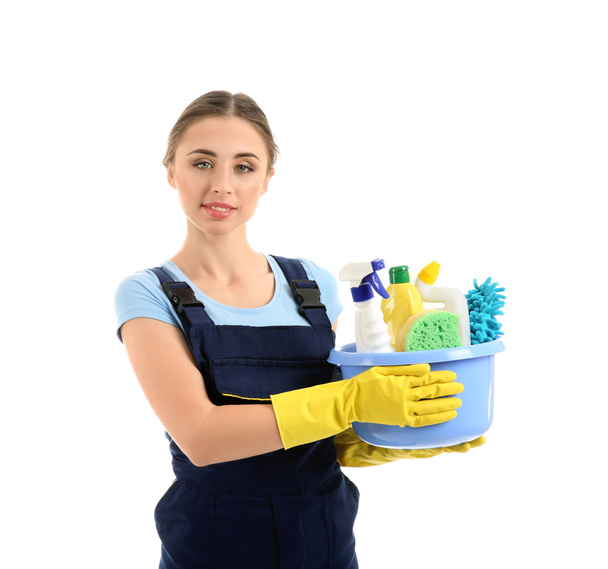 Woman with cleaning supplies on white background - Fotografie, Obrázek