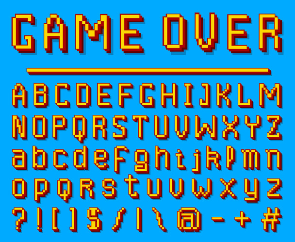 Pixel γραμματοσειρά. 8-bit σύμβολα. Ψηφιακό βίντεο παιχνίδι στυλ. Γράμματα και αριθμούς σε μπλε φόντο. Vintage ρετρό χαρακτήρες abc. Σφάλμα υπολογιστή βίντεο. Φουτουριστικό σχεδιασμό. Διάνυσμα αλφάβητο. - Διάνυσμα, εικόνα