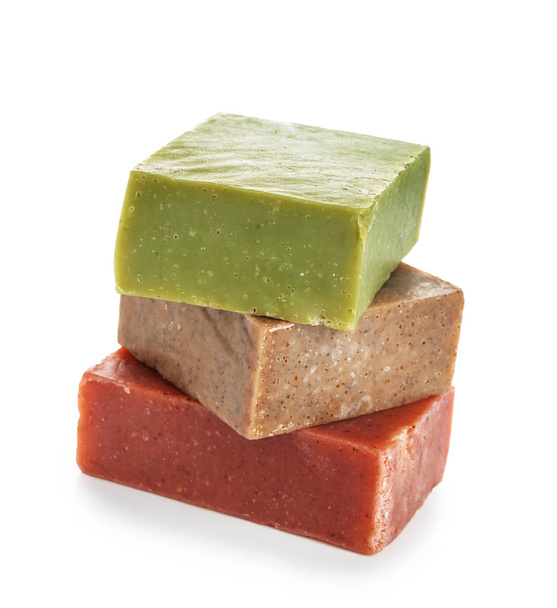Stack of different soap bars on white background - Photo, Image