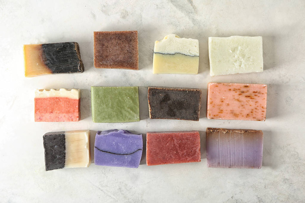 Different soap bars on light table, top view - Photo, Image