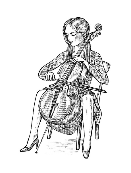 Young woman musician plays the cello on the classical instrument. Vintage style music concept. Engraved hand drawn monochrome sketch. - Vector, Image