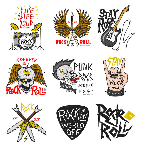 Set of Rock and Roll music symbols with Guitar Wings Skull, Drums Plectrum. labels, logos. Heavy metal templates for design t-shirt, night party and festival. Hand drawn. Engraved sketch. - Vector, Image