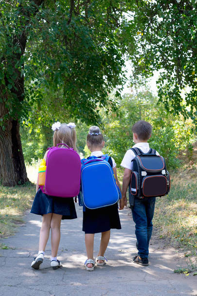 Tres estudiantes de primaria con mochilas caminando por la acera
. - Foto, Imagen
