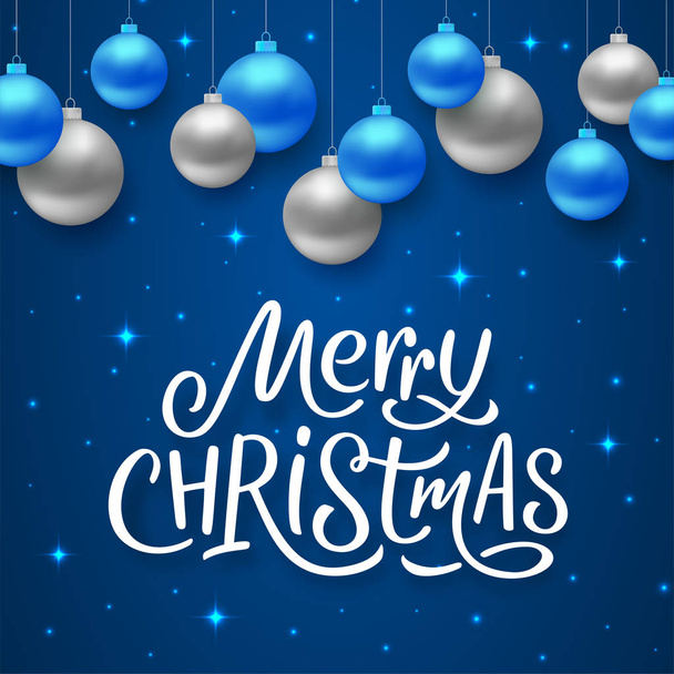 Merry Christmas seasons greetings text on blue background with sparkles and colorful hanging balls. Vector illustration for holidays with lettering - Vektor, obrázek