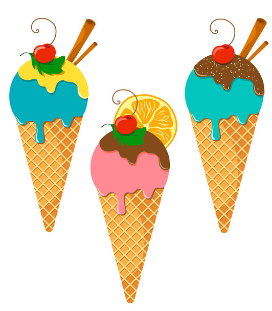 Set of three ice cream in a waffle cone with a bright decor of berries, cinnamon sticks, orange slices and glaze. Flat style illustration - Vector, Image
