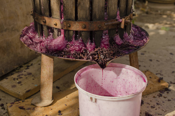 A fazer vinho. Tecnologia de produção de vinho. A tradição popular de fazer vinho. Produção de vinho na Moldávia. A antiga tradição de processamento de uvas. O espremedor é usado para pressionar o vinho
.  - Foto, Imagem