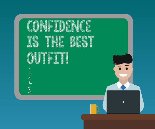 Handwriting text writing Confidence Is The Best Outfit. Concept meaning Selfesteem looks better in you than clothes Blank Bordered Board behind Man Sitting Smiling with Laptop Mug on Desk. - Photo, Image