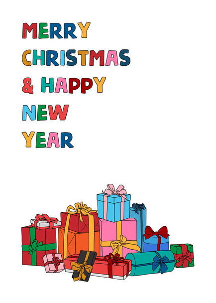 Tarjeta de invitación con muchos regalos e inscripción Feliz Navidad y Feliz Año Nuevo (Simple vector línea de arte
) - Vector, Imagen