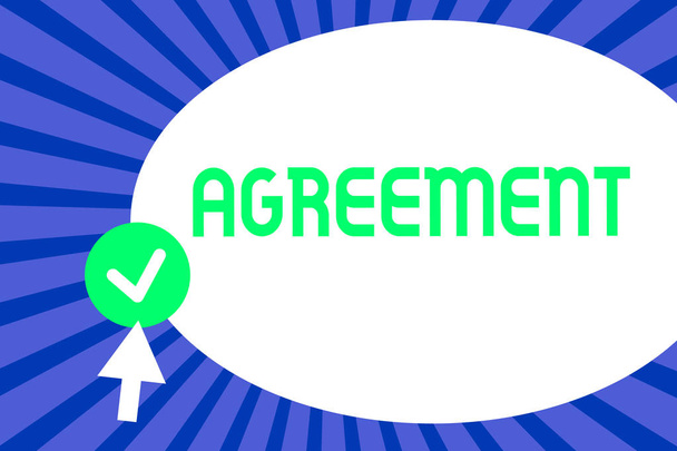 Conceptual hand writing showing Agreement. Business photo text harmony or accordance in opinion or feeling negotiated positively Arrow pressing pointing to Round Button Arrowhead tapping tick. - Photo, Image
