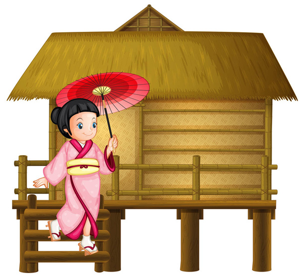 Menina japonesa na ilustração cabana de bambu
 - Vetor, Imagem