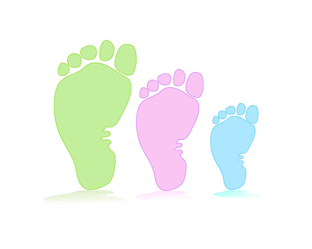 Három lábnyomok - anya, apa és gyermeke. A koncepció a család, a szeretet és a gondoskodás. Szülői, anyaság, apaság. Vektoros illusztráció nyom a láb ikon.  - Vektor, kép