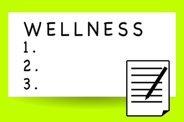 Handwriting text writing Wellness. Concept meaning state of being in good health especially as actively pursued goal Sheet of Pad Paper with Lines and Margin Ballpoint Pen on top Flip corner. - Photo, Image