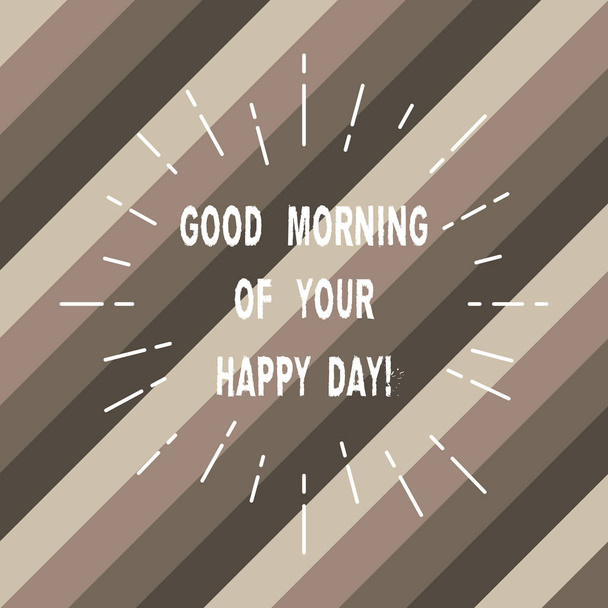Λέξη σύνταξη κειμένου Καλημέρα από το Happy Day. Επιχειρηματική ιδέα για το χαιρετισμό καλύτερο επιθυμεί την ευτυχία στη ζωή λεπτή δέσμη γραμμές άπλωμα παύλα του Sunburst ακτινοβολεί σε διαγώνιες λωρίδες. - Φωτογραφία, εικόνα