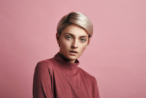 Portrait of fashion woman with blond short hair - Photo, image