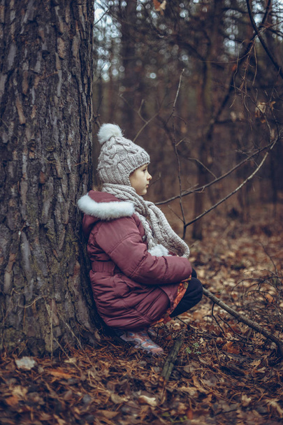 Μικρό κορίτσι που κάθεται κοντά σε ένα δέντρο σε ένα Φθινοπωρινό δάσος. - Φωτογραφία, εικόνα