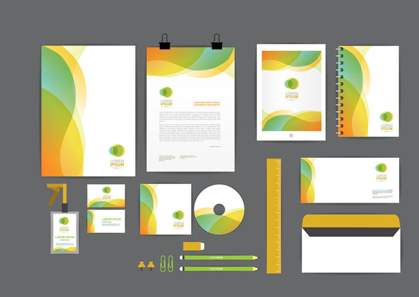 Oranje en groen met kromme grafische huisstijl sjabloon voor uw bedrijf omvat Cd Cover, visitekaartje, map, liniaal, envelop en brief hoofd ontwerpen - Vector, afbeelding