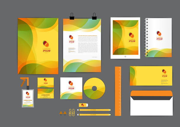 oranssi, vihreä ja keltainen käyrä graafinen yritysidentiteetti malli yrityksellesi sisältää CD kansi, käyntikortti, kansio, hallitsija, kirjekuori ja Letter Head mallit
 - Vektori, kuva