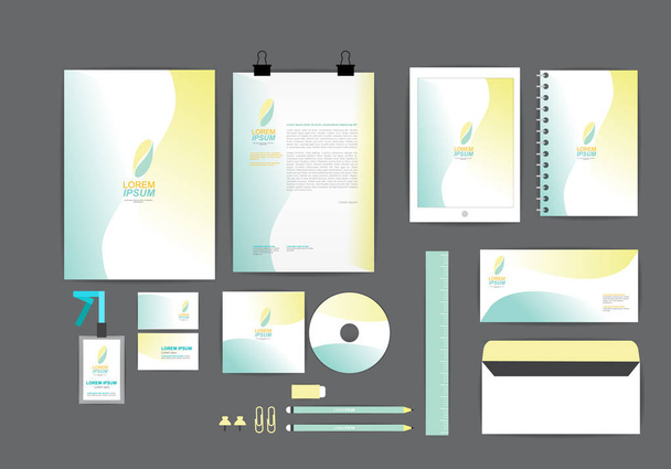 Желтый и синий с изогнутым графическим фирменным стилем - это CD, визитная карточка, папка, рулер, энциклопедия и буквенный дизайн головного убора.
 - Вектор,изображение