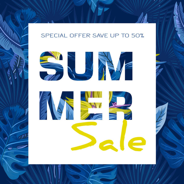 Summer sale background with flowers paradise bird, palm leaves. Vector background for banner, poster, flyer, card, postcard, cover, brochure. - Διάνυσμα, εικόνα