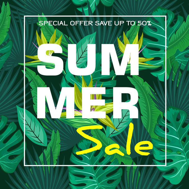 Summer sale background with flowers paradise bird, palm leaves. Vector background for banner, poster, flyer, card, postcard, cover, brochure. - Вектор, зображення