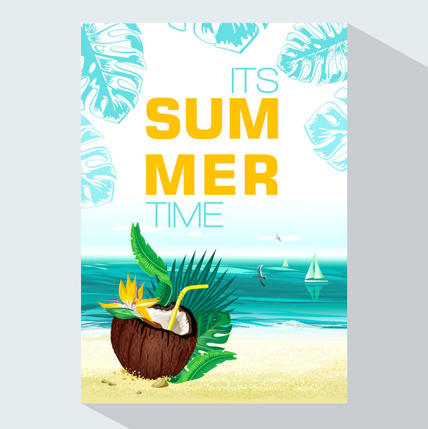 Seu fundo Summer Time com folhas de palma tropicais, plantas e com coco. Modelo de design de banner vetorial
 - Vetor, Imagem