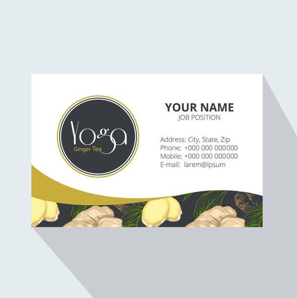 Yoga Tea Corporate Business card with Ginger root and leaves. Trendy style with Yoga Ginger tea. Tea Branding Element for design invitations, gift cards, flyers and brochures. - Вектор, зображення