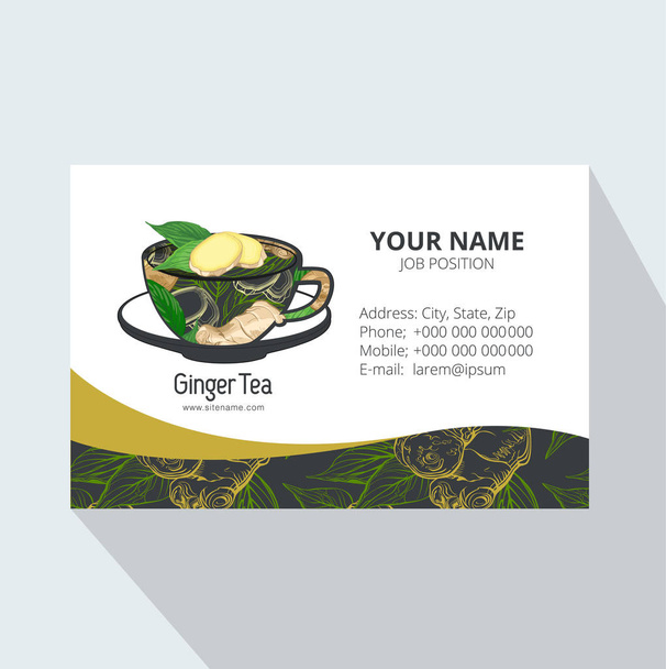 Tea Branding with Ginger root and leaves. Corporate Business card. Trendy style with Ginger tea. Tea Branding Element for design invitations, gift cards, flyers and brochures. - Вектор, зображення