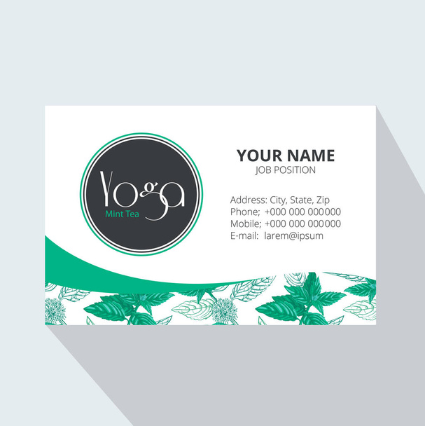 Yoga Mint Tea Corporate Business card with mint leaves and flowers. Tea Branding Element for design invitations, gift cards, flyers and brochures.   - ベクター画像
