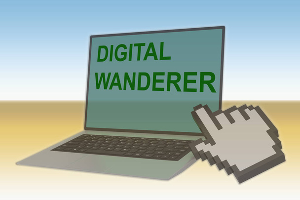 3D illustration of DIGITAL WANDERER script with pointing hand icon pointing at the laptop screen - Photo, Image