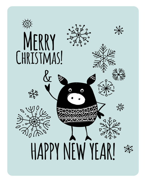 Christmas card with funny pig, symbol of 2019 year for your design - Вектор, зображення