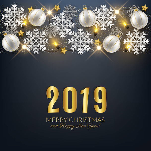 Feliz Natal Feliz Ano Novo cartão decorativo, brilhantes bugigangas brilho flocos de neve fundo, ilustração vetorial
 - Vetor, Imagem