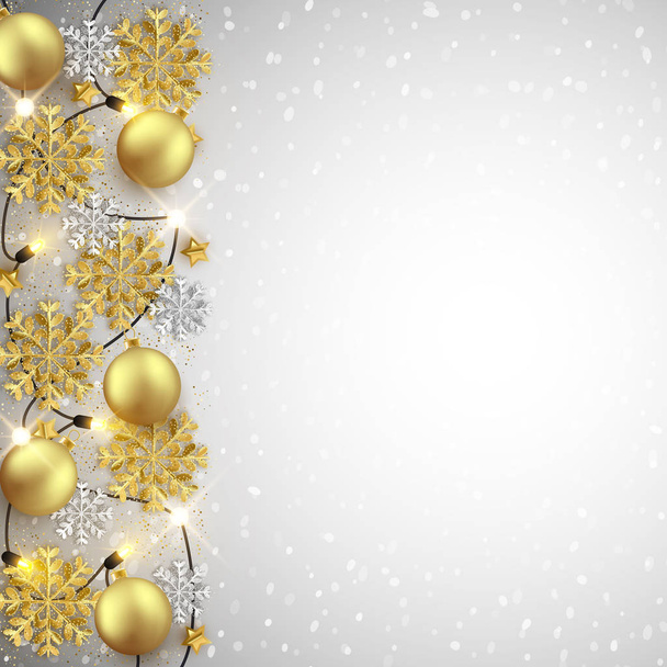 Merry Christmas New Year background design, decorative baubles and glitter snowflakes frame, vector illustration - Vetor, Imagem