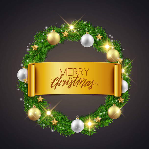 Feliz Natal Feliz Ano Novo cartão postal decorativo, bugigangas e ramos de abeto grinalda, ilustração vetorial
 - Vetor, Imagem