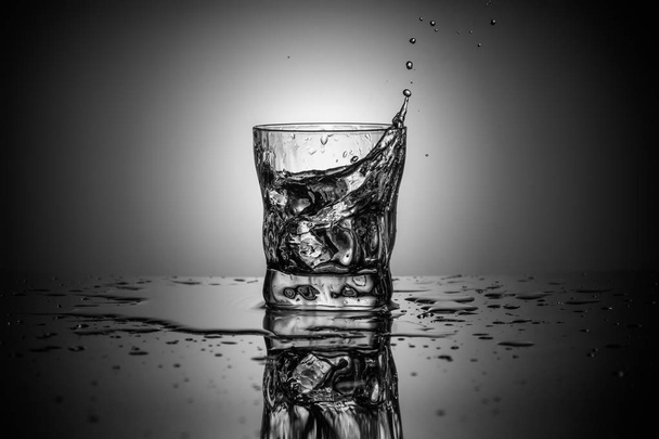 Black and white photography of water splash in an elegant whiskey  glass on gradient background - Photo, Image