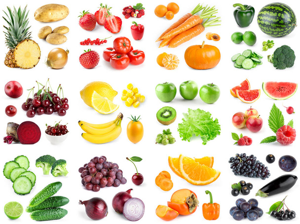 Collection of color fruits and vegetables on white background. Fresh food - Photo, Image