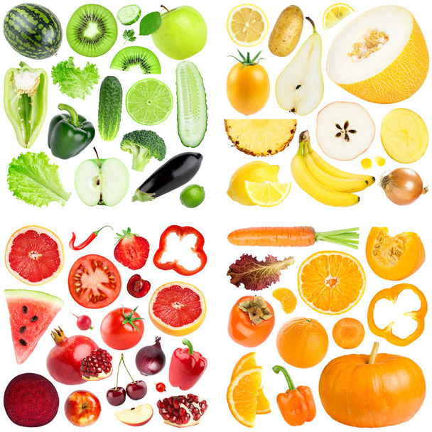 Collection of color fruits and vegetables on white background. Fresh food - Foto, Imagem