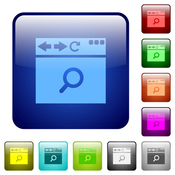 丸みを帯びた正方形の色の光沢のあるボタンでブラウザー検索のアイコンを設定します。 - ベクター画像